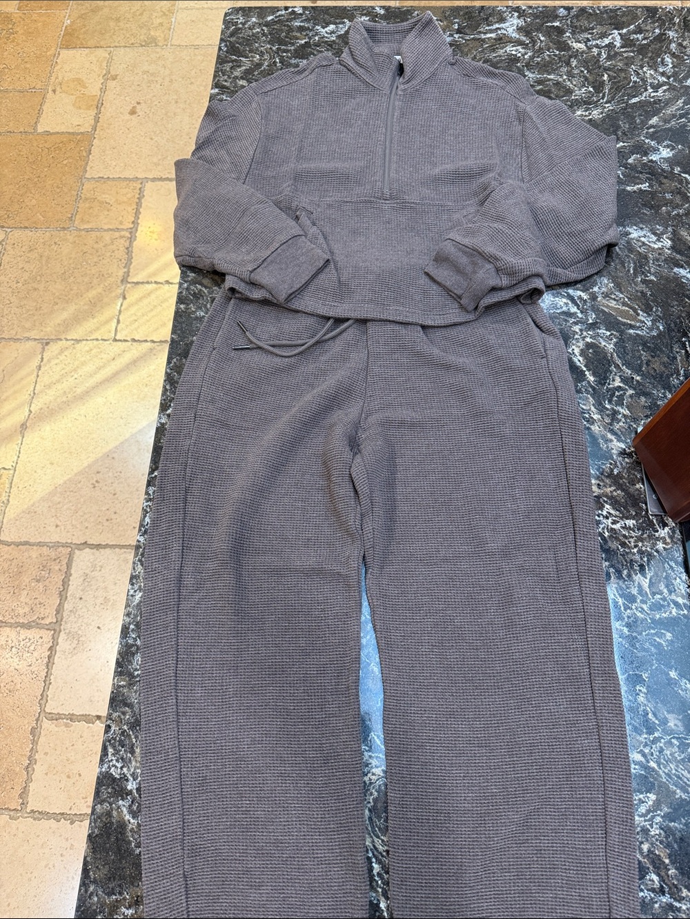 Athleta tranquil waffle half zip and mid rise jogger set